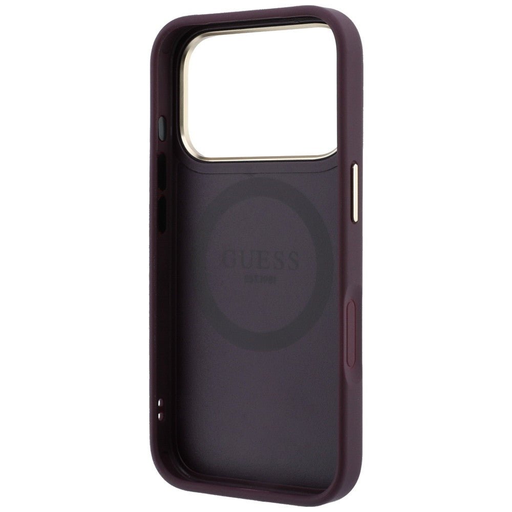 Guess iPhone 17 Pro / iPhone 18 Pro - Σκληρή Θήκη με Επένδυση Συνθετικού Δέρματος - Stripe Peony 4G Logo MagSafe - Burgundy