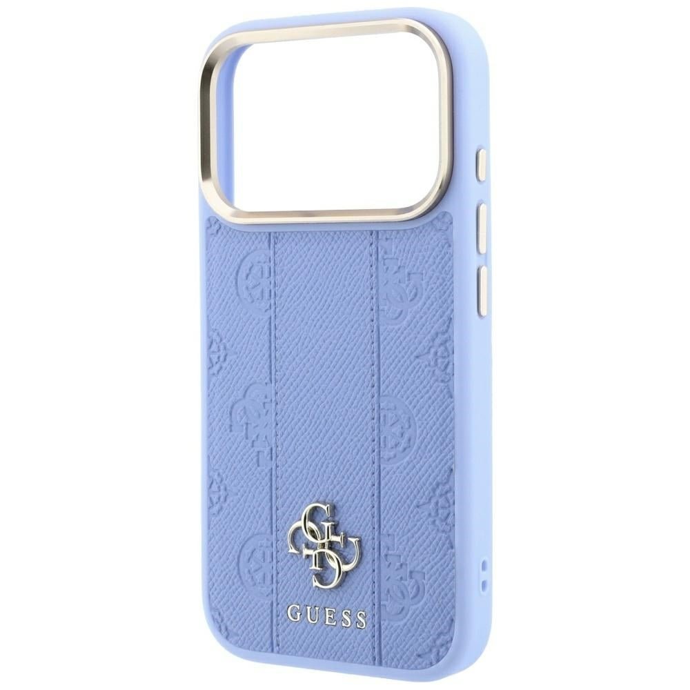 Guess iPhone 17 Pro / iPhone 18 Pro - Σκληρή Θήκη με Επένδυση Συνθετικού Δέρματος - Stripe Peony 4G Logo MagSafe - Light Blue