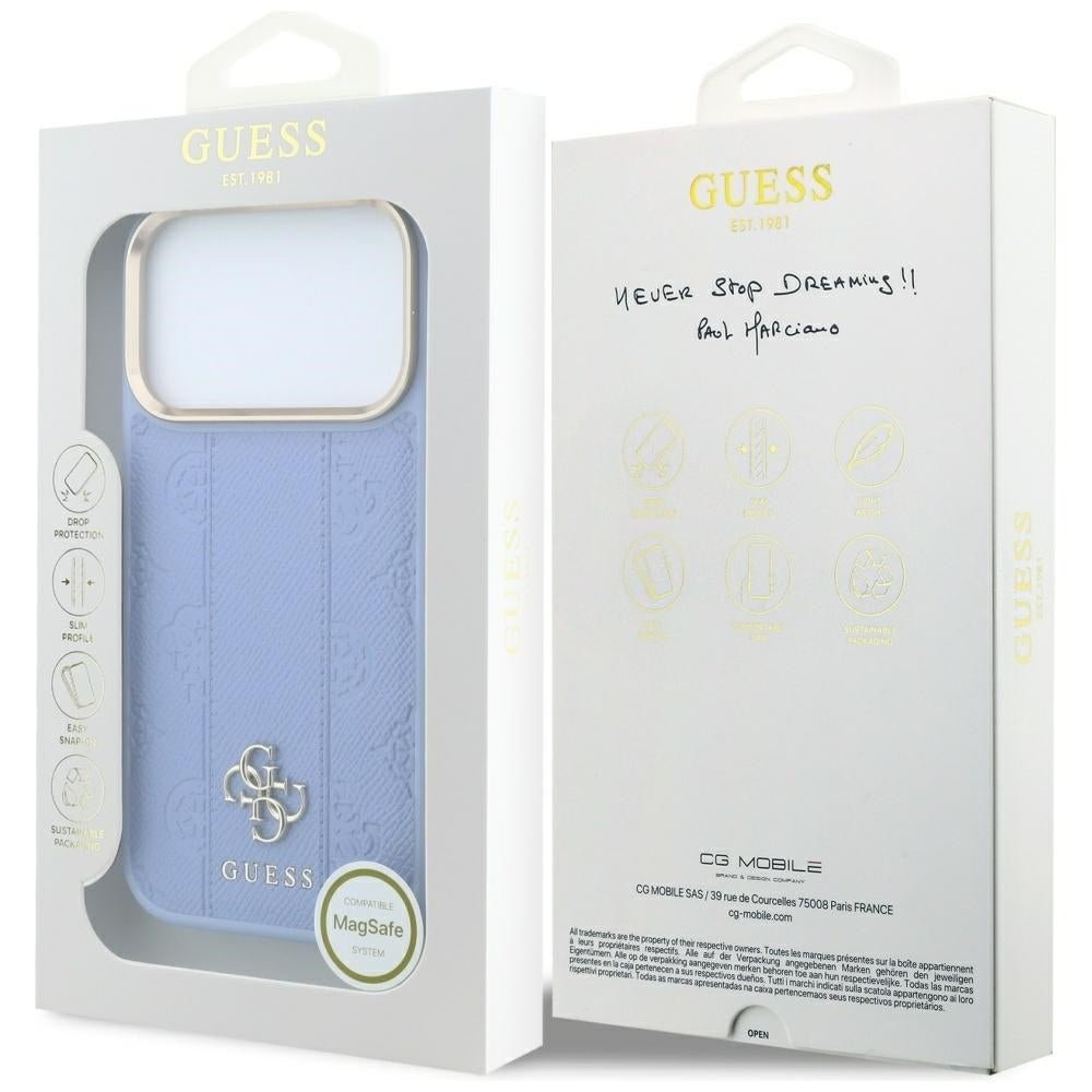 Guess iPhone 17 Pro / iPhone 18 Pro - Σκληρή Θήκη με Επένδυση Συνθετικού Δέρματος - Stripe Peony 4G Logo MagSafe - Light Blue