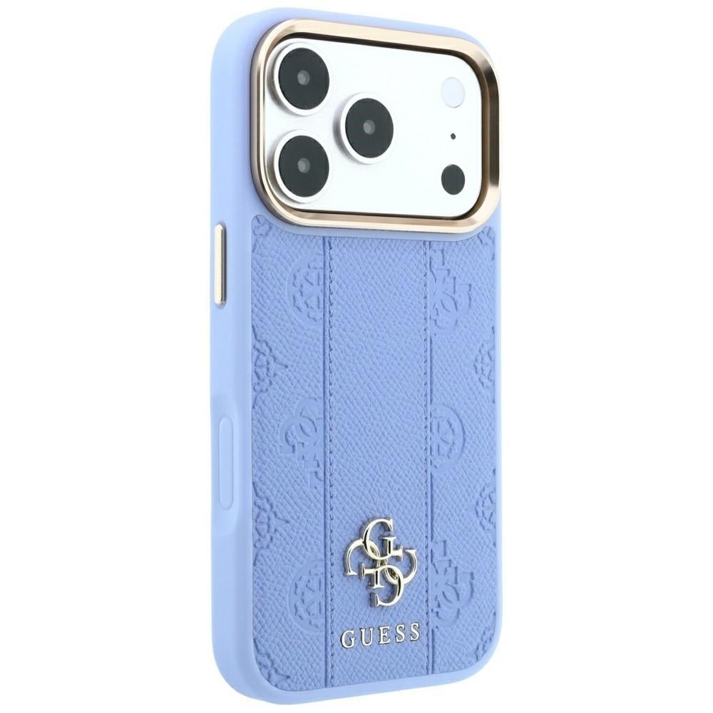 Guess iPhone 17 Pro / iPhone 18 Pro - Σκληρή Θήκη με Επένδυση Συνθετικού Δέρματος - Stripe Peony 4G Logo MagSafe - Light Blue