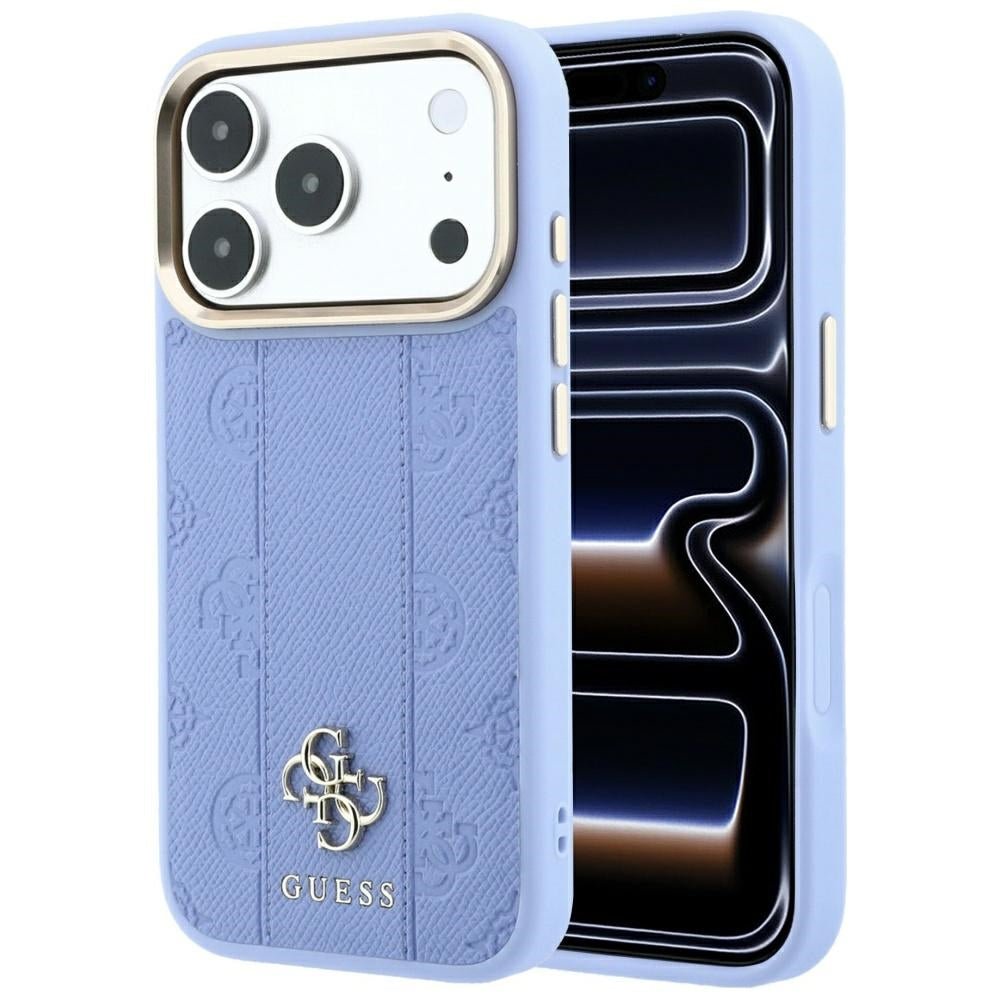 Guess iPhone 17 Pro / iPhone 18 Pro - Σκληρή Θήκη με Επένδυση Συνθετικού Δέρματος - Stripe Peony 4G Logo MagSafe - Light Blue