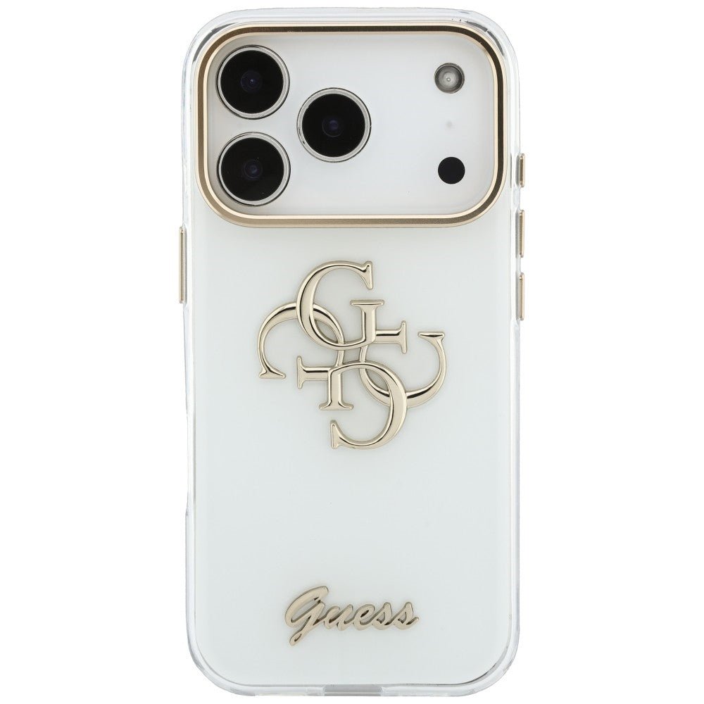 Guess iPhone 17 Pro / iPhone 18 Pro - Σκληρή Θήκη με Πλαίσιο Σιλικόνης - IML 4G Script Metal - White