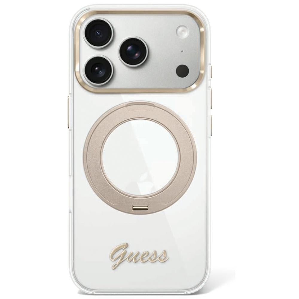 Guess iPhone 17 Pro / iPhone 18 Pro - Σκληρή Θήκη με Πλαίσιο Σιλικόνης - IML Ring Stand 360 Script Metal Logo MagSafe - Clear - GUHMP18L6HCCMST