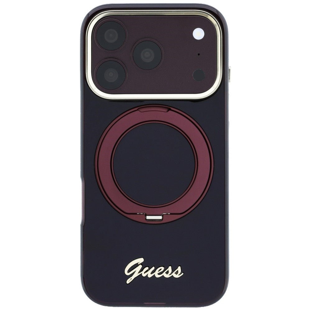 Guess iPhone 17 Pro / iPhone 18 Pro - Σκληρή Θήκη με Πλαίσιο Σιλικόνης και Δαχτυλίδι Συγκράτησης - IML Ring Stand 360 Script Metal Logo MagSafe - Burgundy