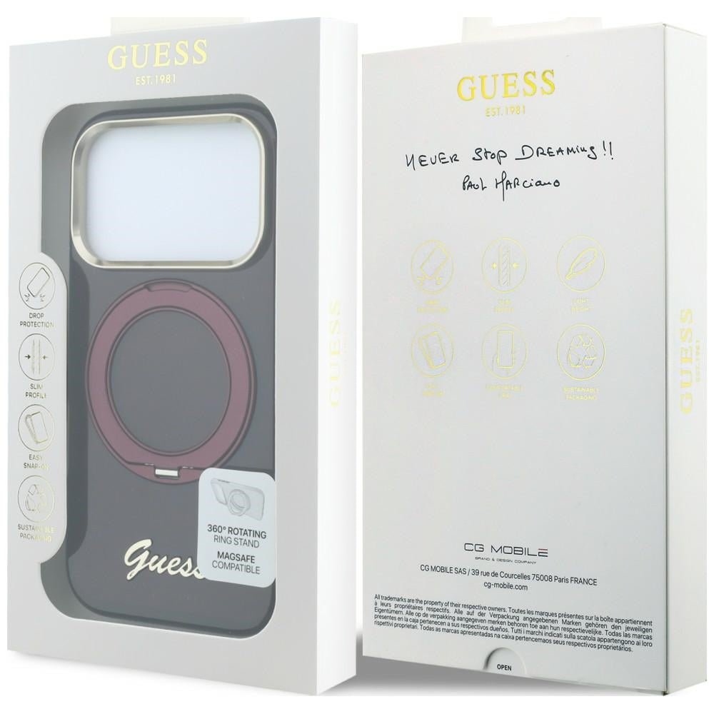 Guess iPhone 17 Pro / iPhone 18 Pro - Σκληρή Θήκη με Πλαίσιο Σιλικόνης και Δαχτυλίδι Συγκράτησης - IML Ring Stand 360 Script Metal Logo MagSafe - Burgundy