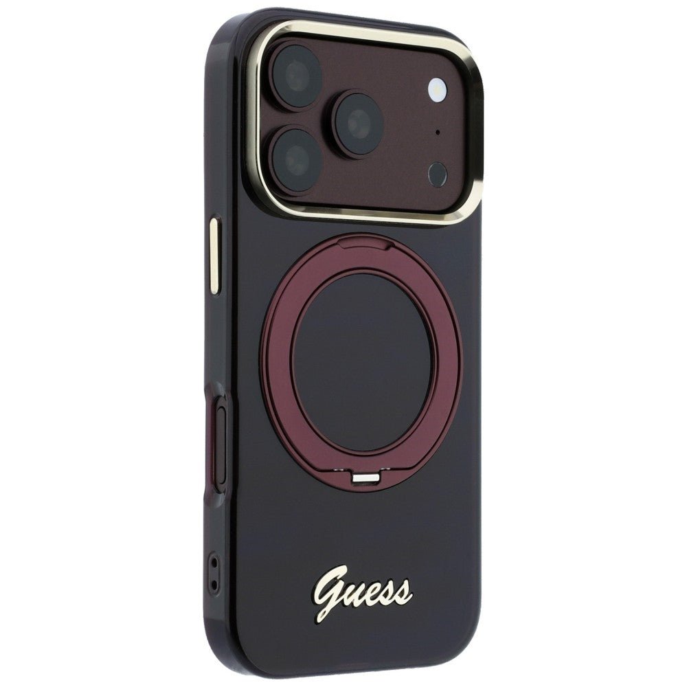 Guess iPhone 17 Pro / iPhone 18 Pro - Σκληρή Θήκη με Πλαίσιο Σιλικόνης και Δαχτυλίδι Συγκράτησης - IML Ring Stand 360 Script Metal Logo MagSafe - Burgundy