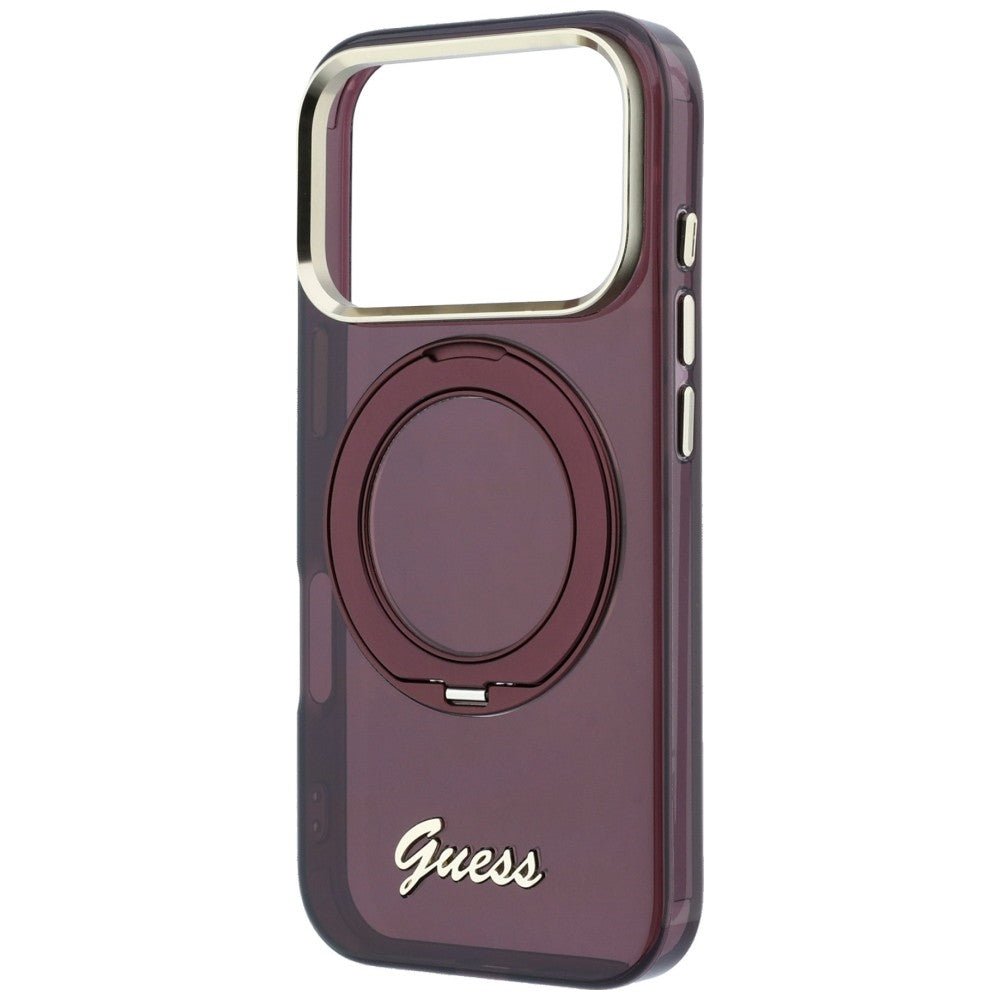 Guess iPhone 17 Pro / iPhone 18 Pro - Σκληρή Θήκη με Πλαίσιο Σιλικόνης και Δαχτυλίδι Συγκράτησης - IML Ring Stand 360 Script Metal Logo MagSafe - Burgundy