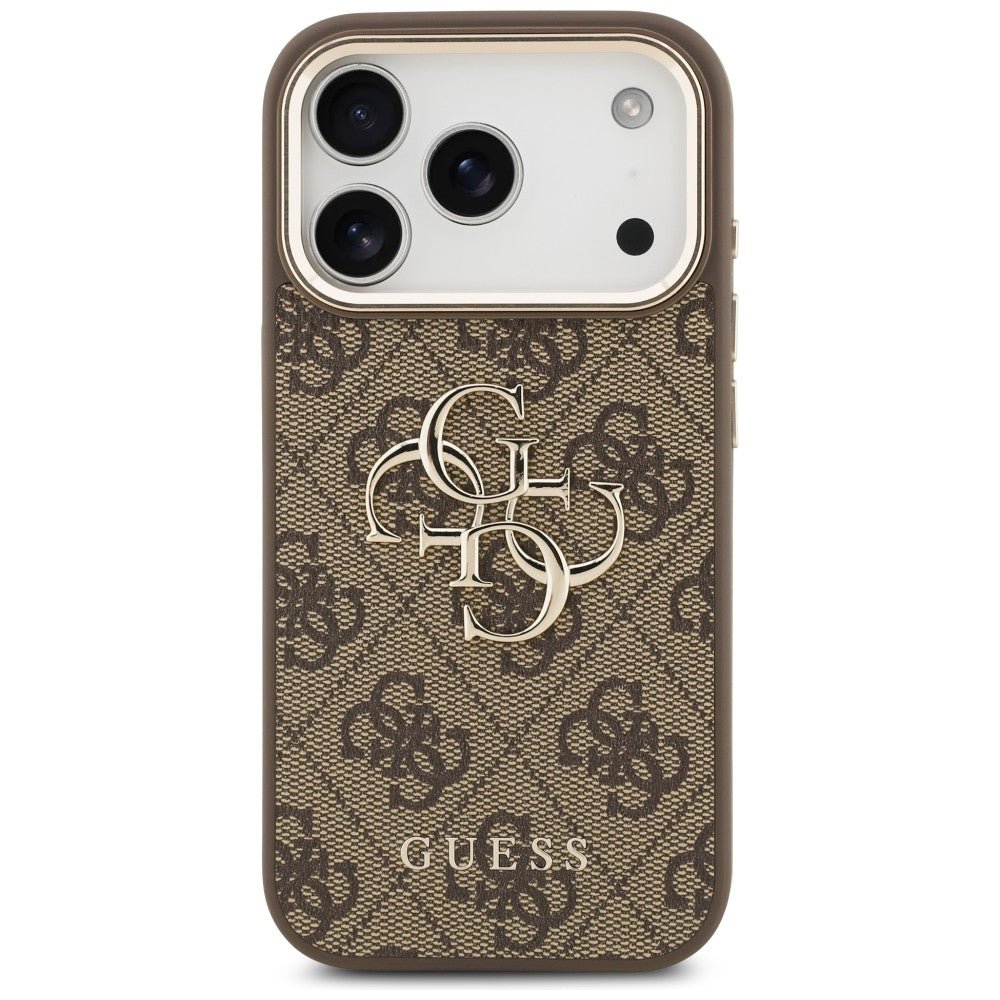 Guess iPhone 17 Pro / iPhone 18 Pro - Σκληρή Θήκη με Πλαίσιο Σιλικόνης και Επένδυση από Οικολογικό Δέρμα - 4G Big 4G Classic Logo - Brown / Gold - GUHCP18L4GMGCBR