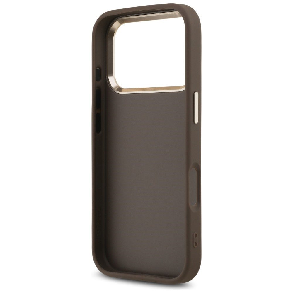Guess iPhone 17 Pro / iPhone 18 Pro - Σκληρή Θήκη με Πλαίσιο Σιλικόνης και Επένδυση από Οικολογικό Δέρμα - 4G Big 4G Classic Logo - Brown / Gold - GUHCP18L4GMGCBR