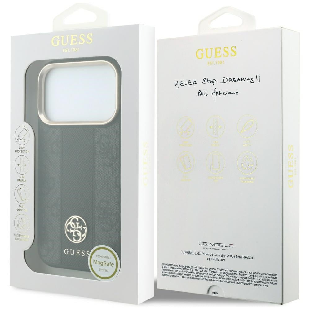 Guess iPhone 17 Pro / iPhone 18 Pro - Σκληρή Θήκη με Πλαίσιο Σιλικόνης και Επένδυση Συνθετικού Δέρματος - 4G with Stripe Round and Classic Logos MagSafe - Black