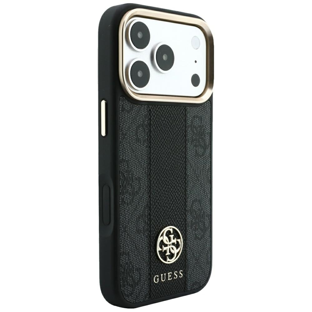 Guess iPhone 17 Pro / iPhone 18 Pro - Σκληρή Θήκη με Πλαίσιο Σιλικόνης και Επένδυση Συνθετικού Δέρματος - 4G with Stripe Round and Classic Logos MagSafe - Black