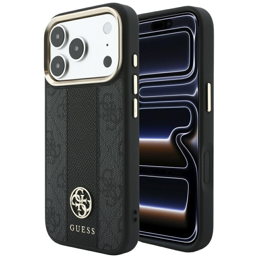 Guess iPhone 17 Pro / iPhone 18 Pro - Σκληρή Θήκη με Πλαίσιο Σιλικόνης και Επένδυση Συνθετικού Δέρματος - 4G with Stripe Round and Classic Logos MagSafe - Black