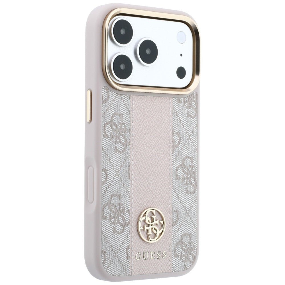 Guess iPhone 17 Pro / iPhone 18 Pro - Σκληρή Θήκη με Πλαίσιο Σιλικόνης και Επένδυση Συνθετικού Δέρματος - 4G with Stripe Round and Classic Logos MagSafe - Pink