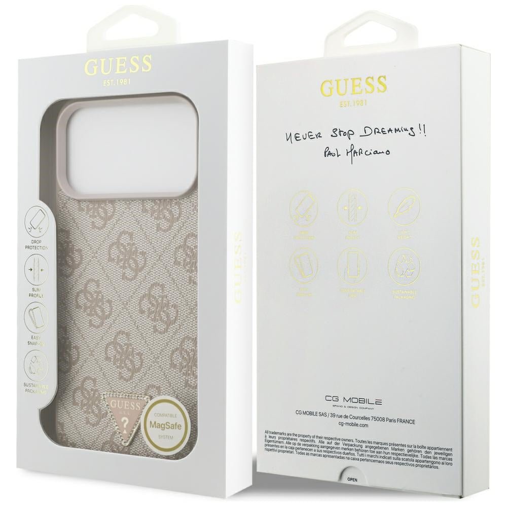 Guess iPhone 17 Pro Max / iPhone 18 Pro Max - Σκληρή Θήκη με Επένδυση Συνθετικού Δέρματος - 4G Triangle Strass MagSafe - Pink - GUHMP18XP4TDPP