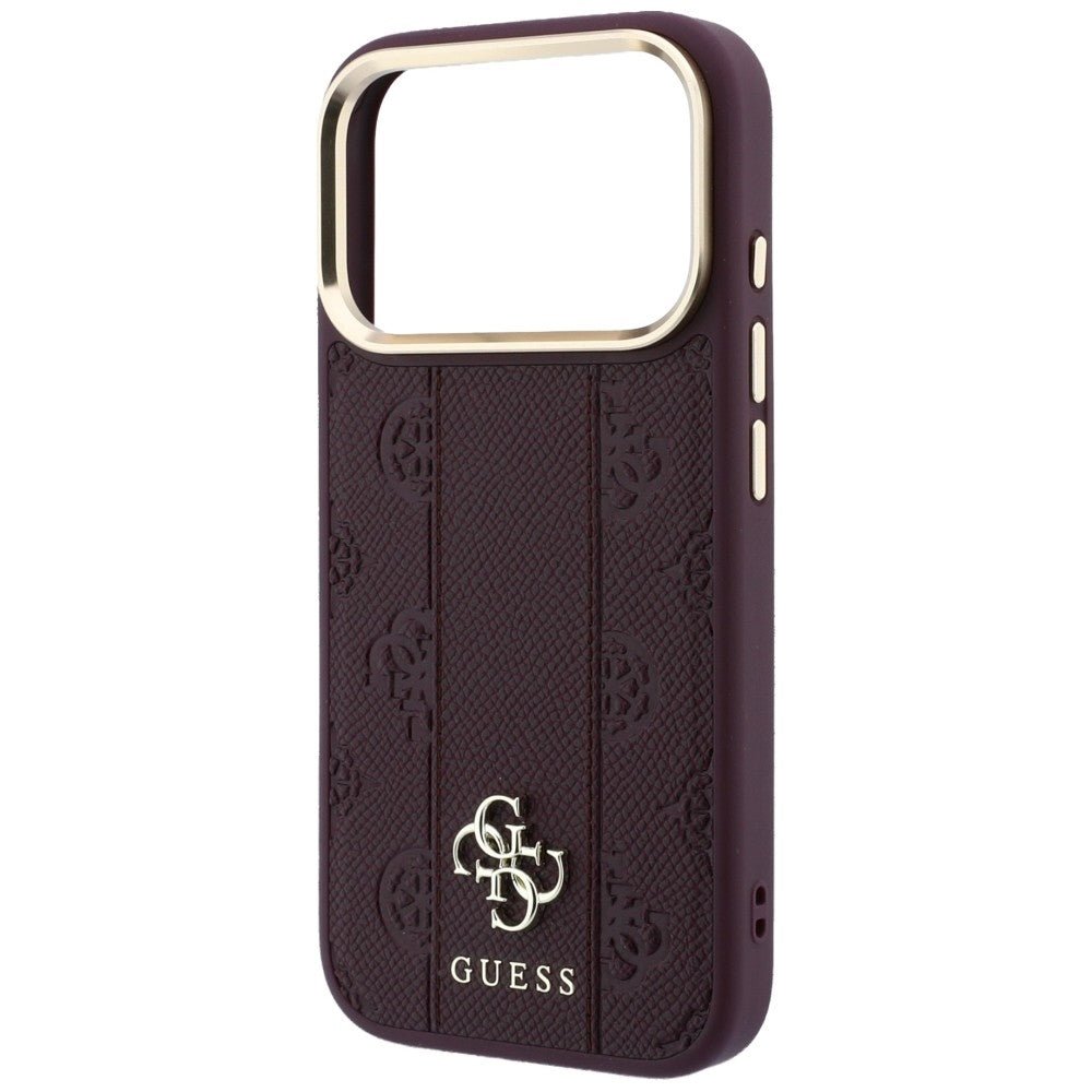 Guess iPhone 17 Pro Max / iPhone 18 Pro Max - Σκληρή Θήκη με Επένδυση Συνθετικού Δέρματος - Stripe Peony 4G Logo MagSafe - Burgundy