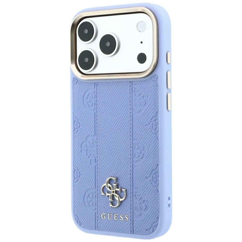 Guess iPhone 17 Pro Max / iPhone 18 Pro Max - Σκληρή Θήκη με Επένδυση Συνθετικού Δέρματος - Stripe Peony 4G Logo MagSafe - Light Blue