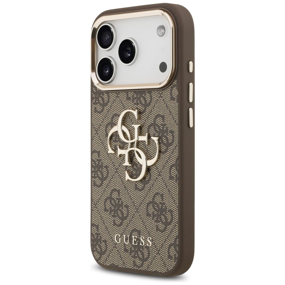 Guess iPhone 17 Pro Max / iPhone 18 Pro Max - Σκληρή Θήκη με Πλαίσιο Σιλικόνης και Επένδυση από Οικολογικό Δέρμα - 4G Big 4G Classic Logo - Brown / Gold - GUHCP18X4GMGCBR