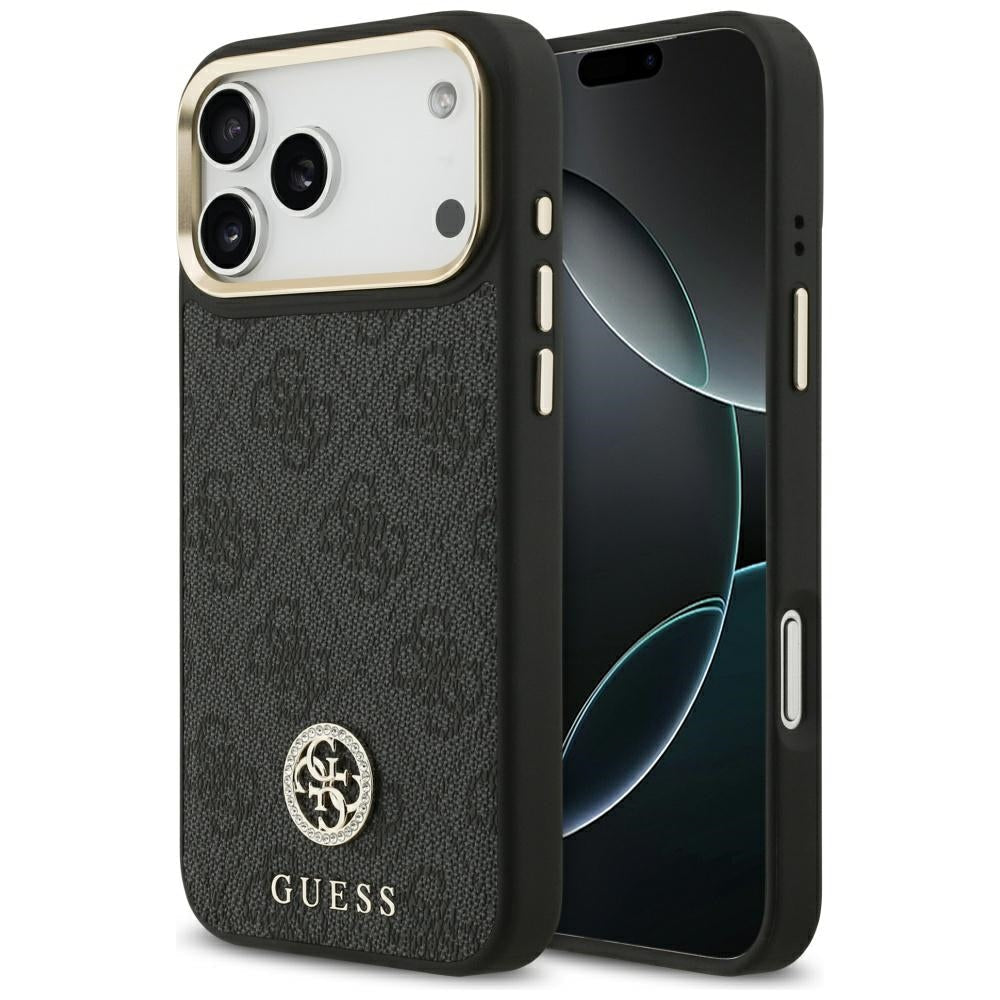 Guess iPhone 17 Pro Max - Σκληρή Θήκη με Επένδυση Συνθετικού Δέρματος - 4G Strass Logo MagSafe - Black
