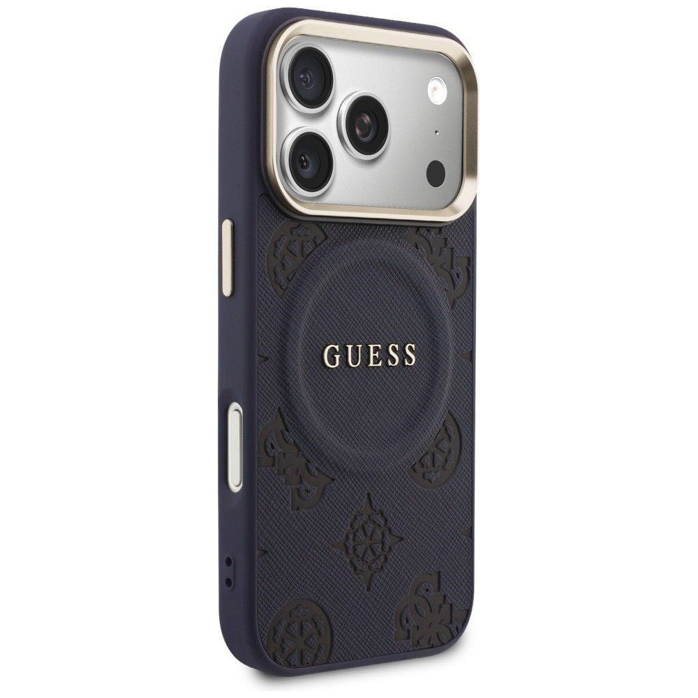 Guess iPhone 17 Pro Max - Σκληρή Θήκη με Επένδυση Συνθετικού Δέρματος - Peony Hot Stamp MagSafe - Blue