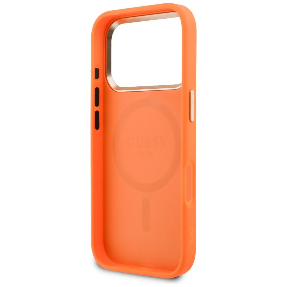 Guess iPhone 17 Pro Max - Σκληρή Θήκη με Επένδυση Συνθετικού Δέρματος - Peony Hot Stamp MagSafe - Orange