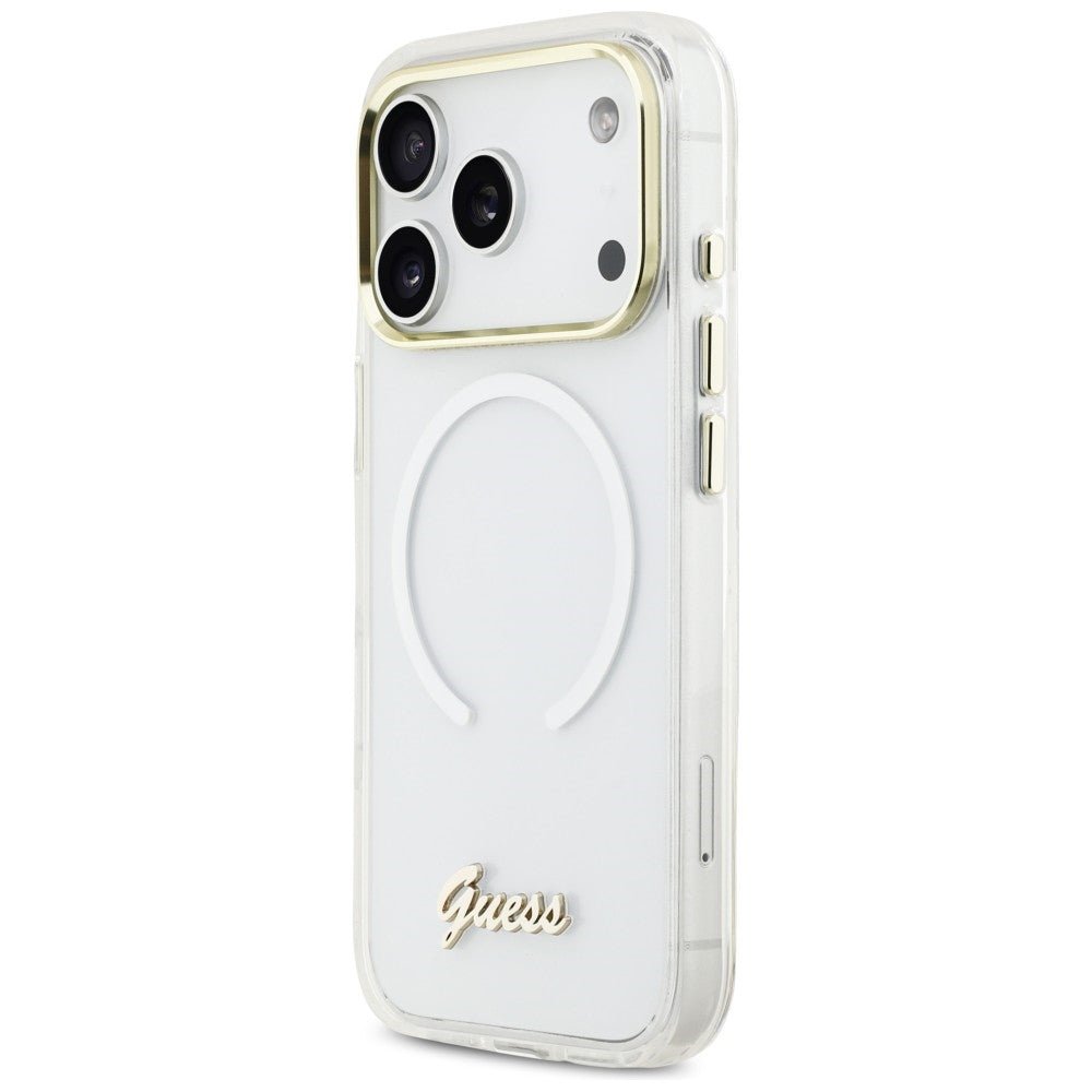 Guess iPhone 17 Pro Max - Σκληρή Θήκη με Πλαίσιο Σιλικόνης - IML Gradient Script Metal MagSafe - White