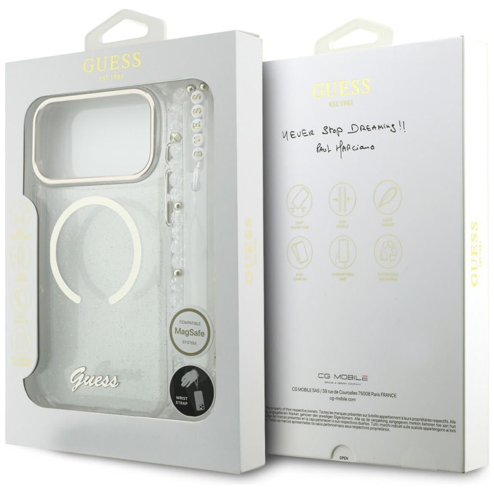 Guess iPhone 17 Pro Max - Σκληρή Θήκη με Πλαίσιο Σιλικόνης και Λουράκι - IML Glitters Script Strap MagSafe - Διάφανη
