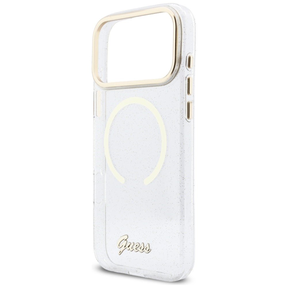 Guess iPhone 17 Pro Max - Σκληρή Θήκη με Πλαίσιο Σιλικόνης και Λουράκι - IML Glitters Script Strap MagSafe - Διάφανη