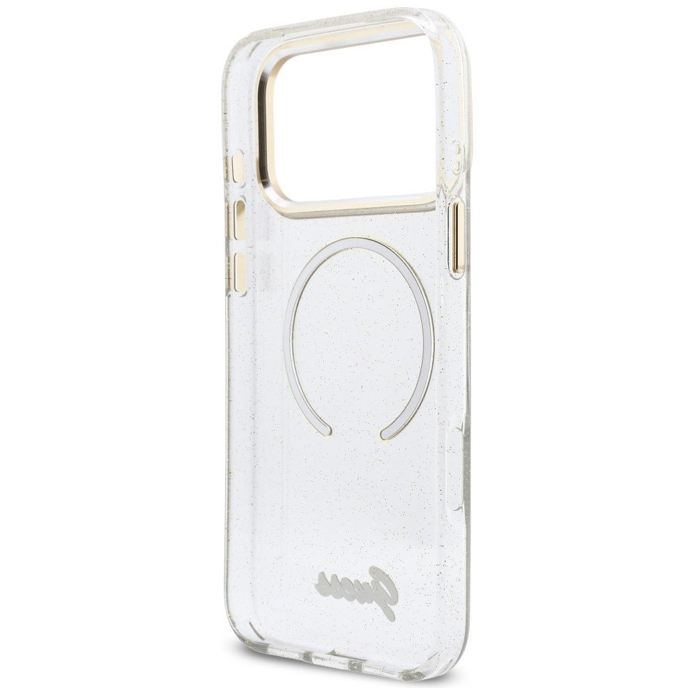 Guess iPhone 17 Pro Max - Σκληρή Θήκη με Πλαίσιο Σιλικόνης και Λουράκι - IML Glitters Script Strap MagSafe - Διάφανη
