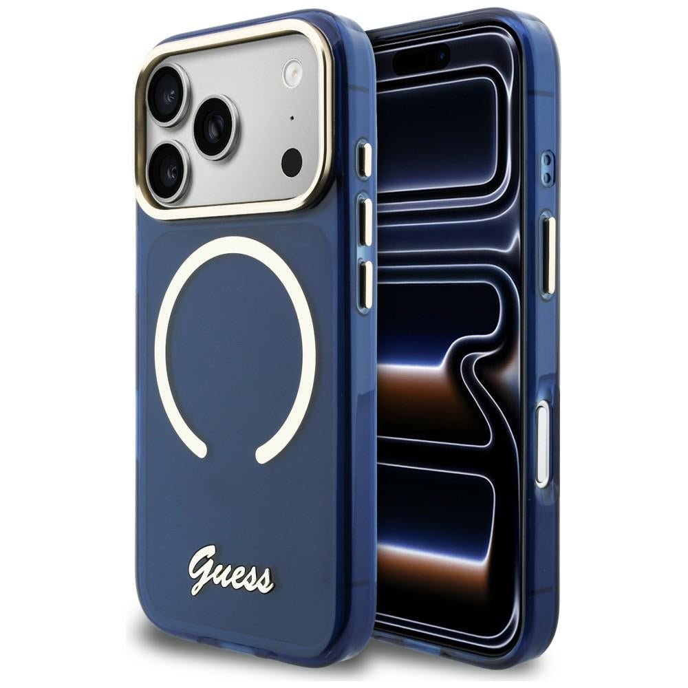 Guess iPhone 17 Pro Max - Σκληρή Θήκη με Πλαίσιο Σιλικόνης και MagSafe - IML Script Metal MagSafe - Blue