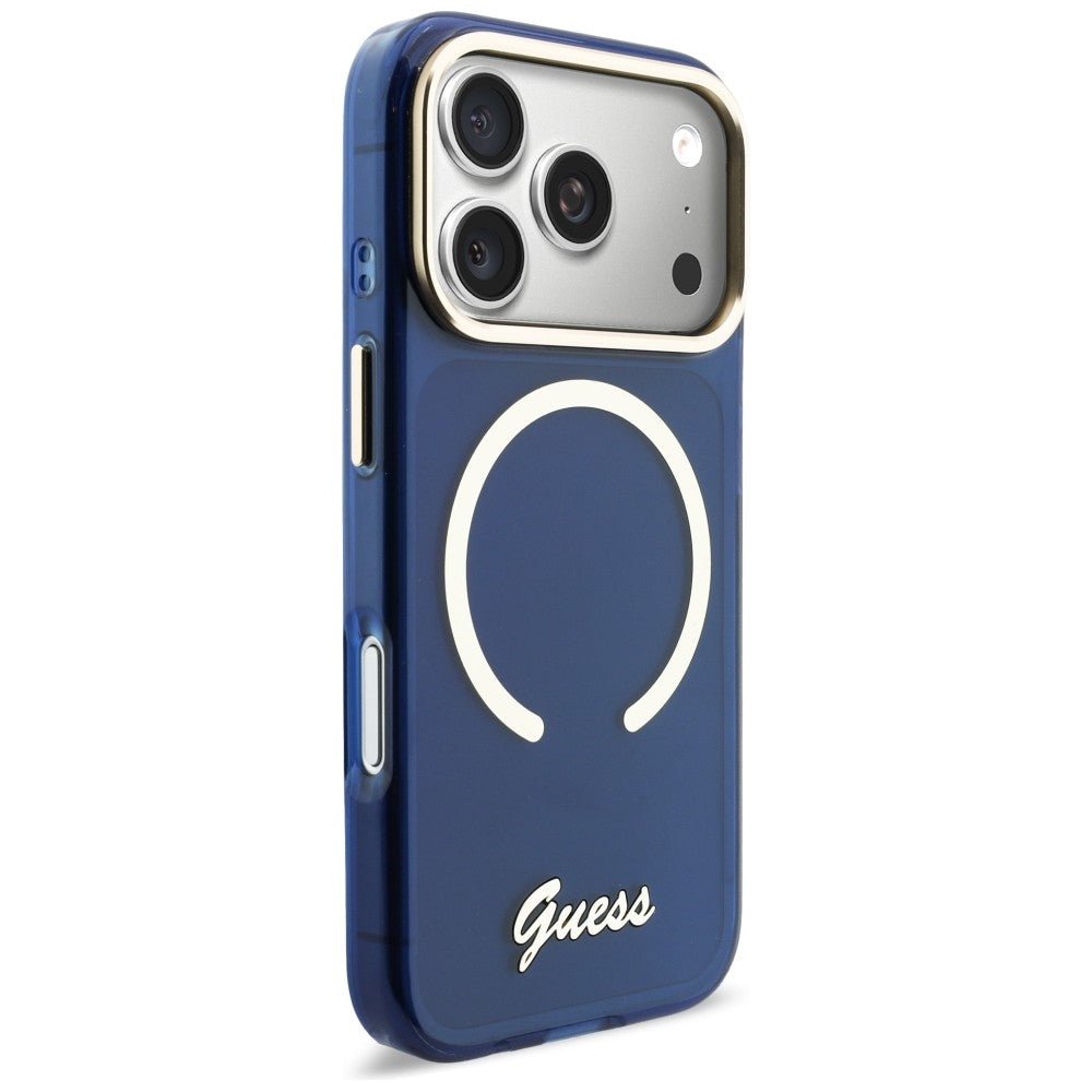 Guess iPhone 17 Pro Max - Σκληρή Θήκη με Πλαίσιο Σιλικόνης και MagSafe - IML Script Metal MagSafe - Blue