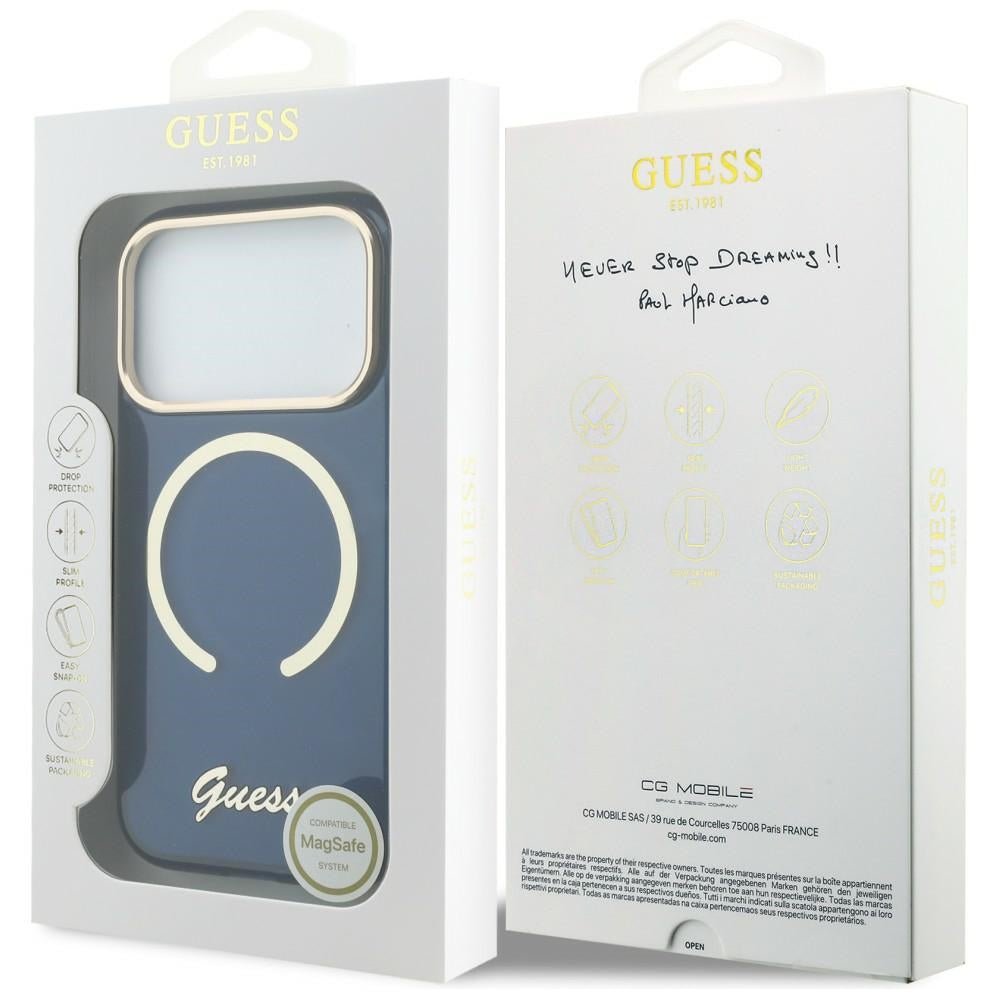 Guess iPhone 17 Pro Max - Σκληρή Θήκη με Πλαίσιο Σιλικόνης και MagSafe - IML Script Metal MagSafe - Blue