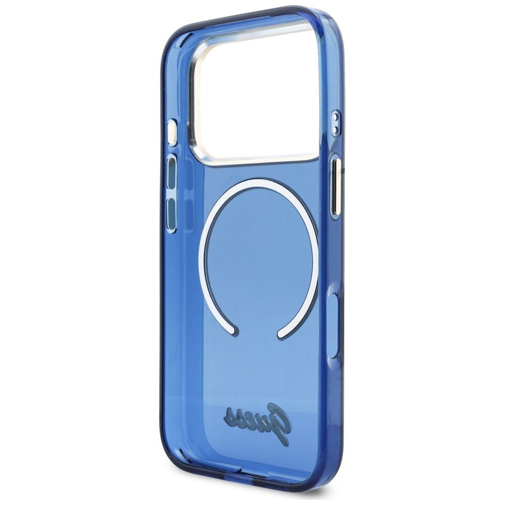 Guess iPhone 17 Pro Max - Σκληρή Θήκη με Πλαίσιο Σιλικόνης και MagSafe - IML Script Metal MagSafe - Blue