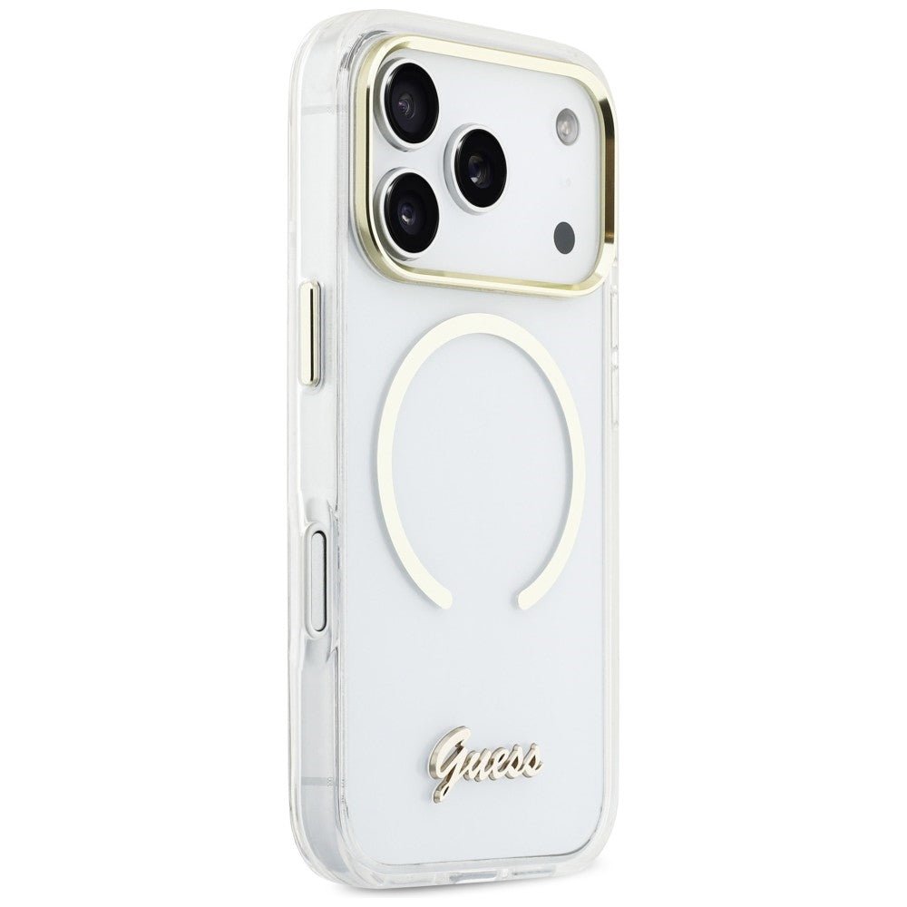 Guess iPhone 17 Pro Max - Σκληρή Θήκη με Πλαίσιο Σιλικόνης και MagSafe - IML Script Metal MagSafe - Clear