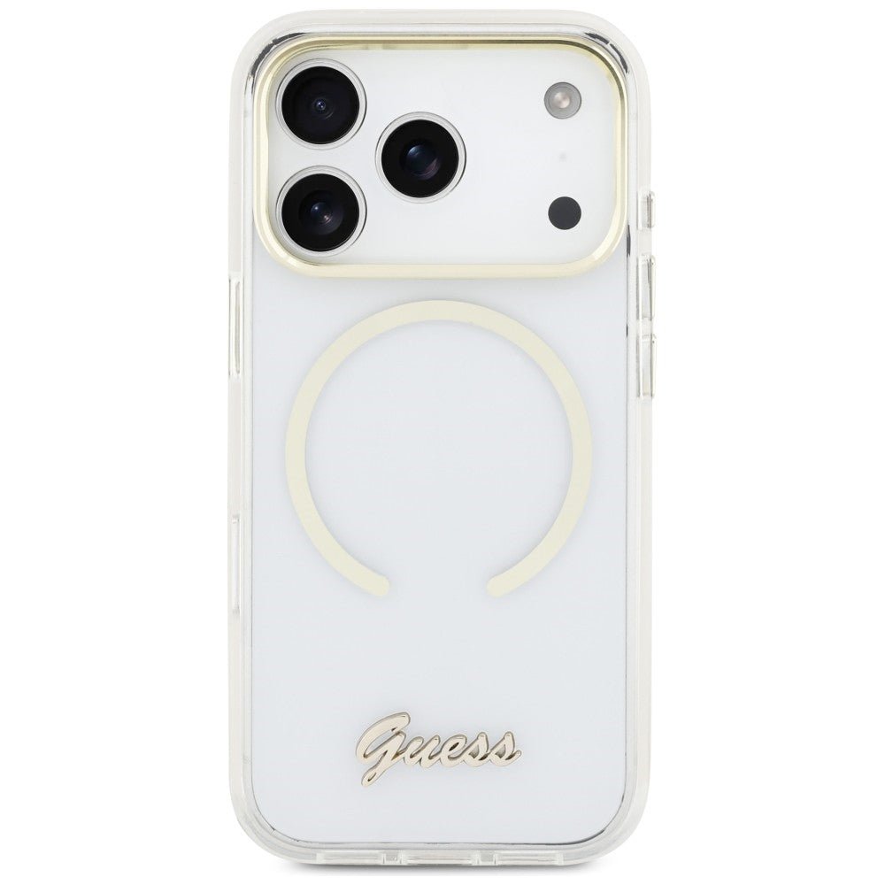 Guess iPhone 17 Pro Max - Σκληρή Θήκη με Πλαίσιο Σιλικόνης και MagSafe - IML Script Metal MagSafe - Clear