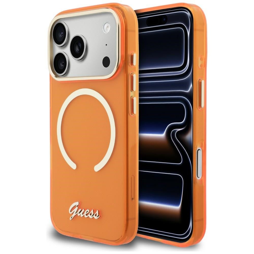 Guess iPhone 17 Pro Max - Σκληρή Θήκη με Πλαίσιο Σιλικόνης και MagSafe - IML Script Metal MagSafe - Orange