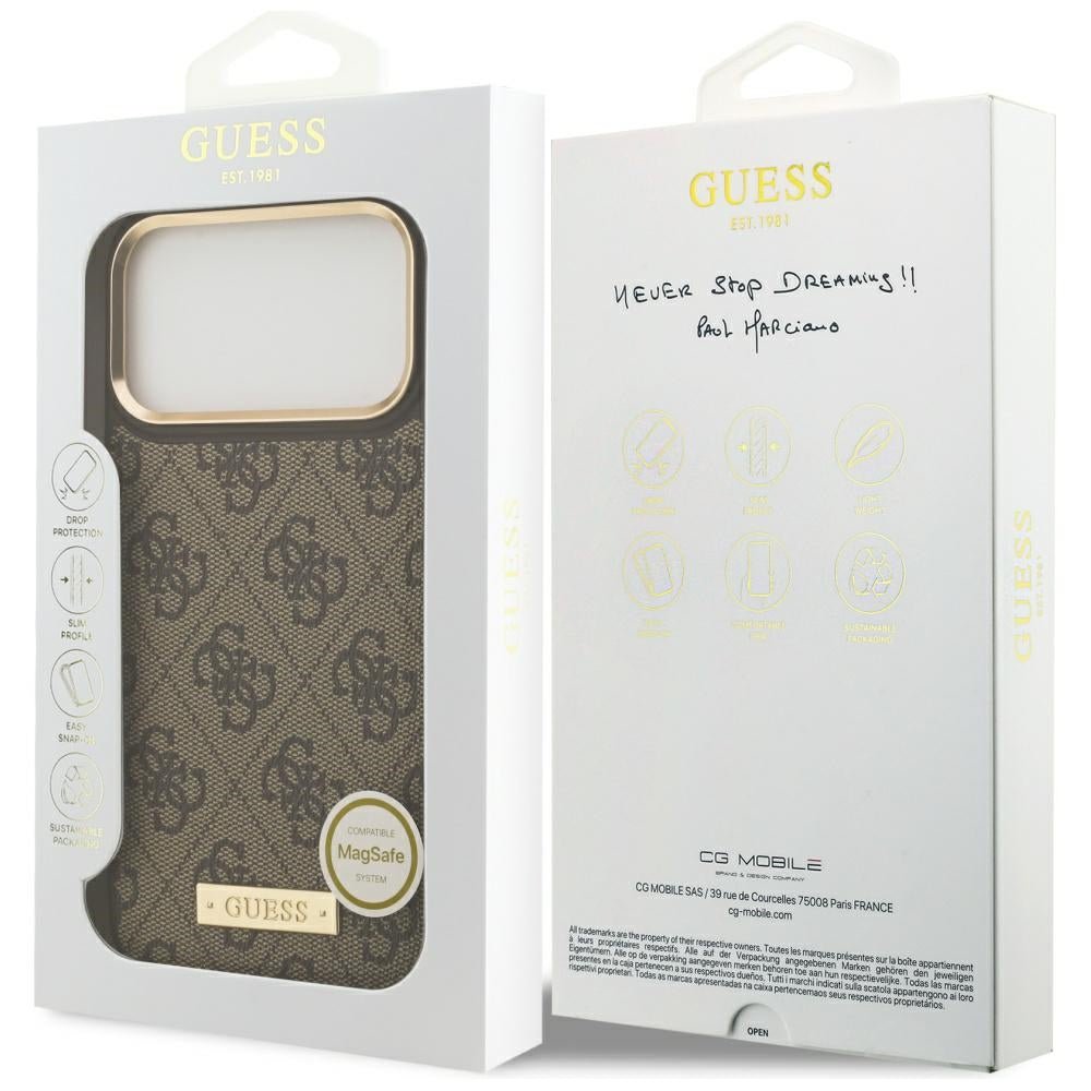 Guess iPhone 17 Pro Max - Θήκη με Επένδυση Συνθετικού Δέρματος και MagSafe - 4G Logo Plate - Brown