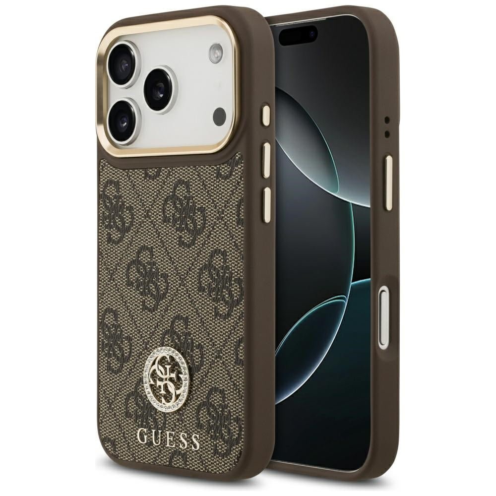 Guess iPhone 17 Pro - Σκληρή Θήκη με Επένδυση Συνθετικού Δέρματος - 4G Strass Logo MagSafe - Brown