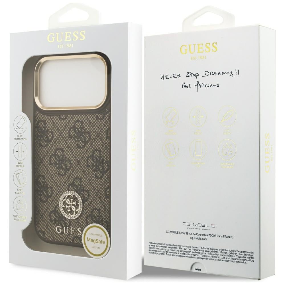 Guess iPhone 17 Pro - Σκληρή Θήκη με Επένδυση Συνθετικού Δέρματος - 4G Strass Logo MagSafe - Brown