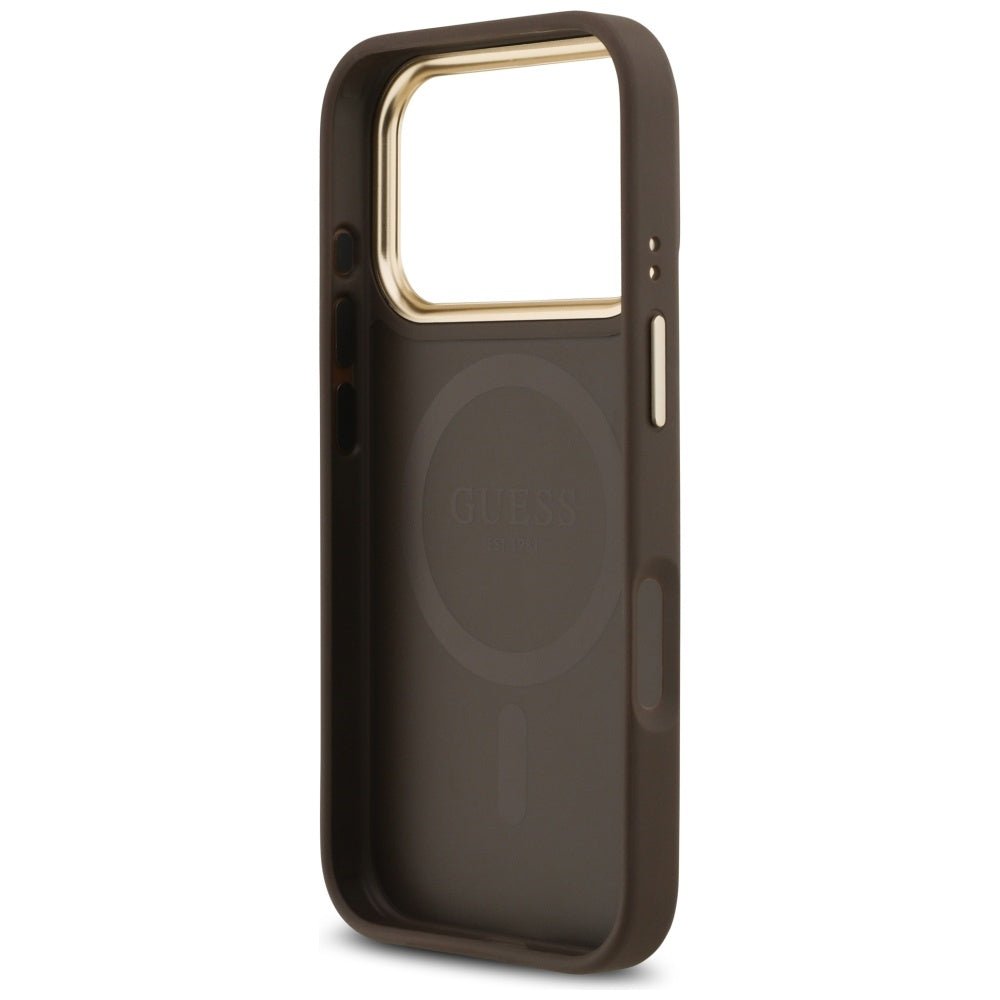 Guess iPhone 17 Pro - Σκληρή Θήκη με Επένδυση Συνθετικού Δέρματος - 4G Strass Logo MagSafe - Brown