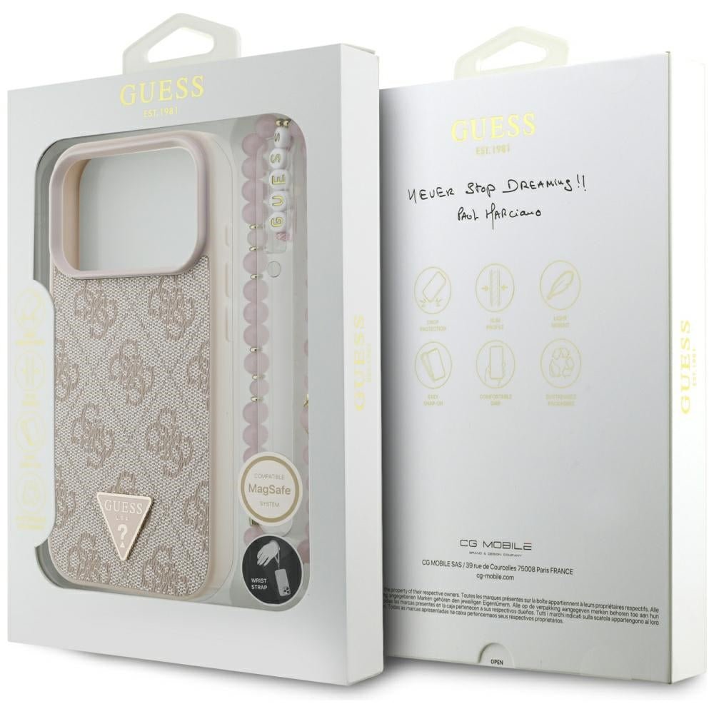 Guess iPhone 17 Pro - Σκληρή Θήκη με Επένδυση Συνθετικού Δέρματος και Λουράκι - 4G Strap Triangle Logo MagSafe - Pink