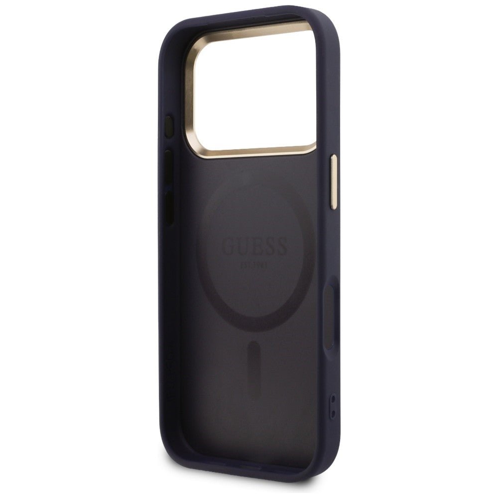 Guess iPhone 17 Pro - Σκληρή Θήκη με Επένδυση Συνθετικού Δέρματος - Peony Hot Stamp MagSafe - Blue