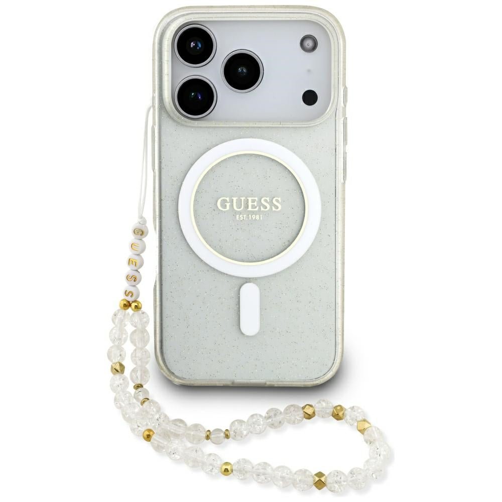 Guess iPhone 17 Pro - Σκληρή Θήκη με Πλαίσιο Σιλικόνης και Λουράκι - IML Glitter Pearl Strap - Clear