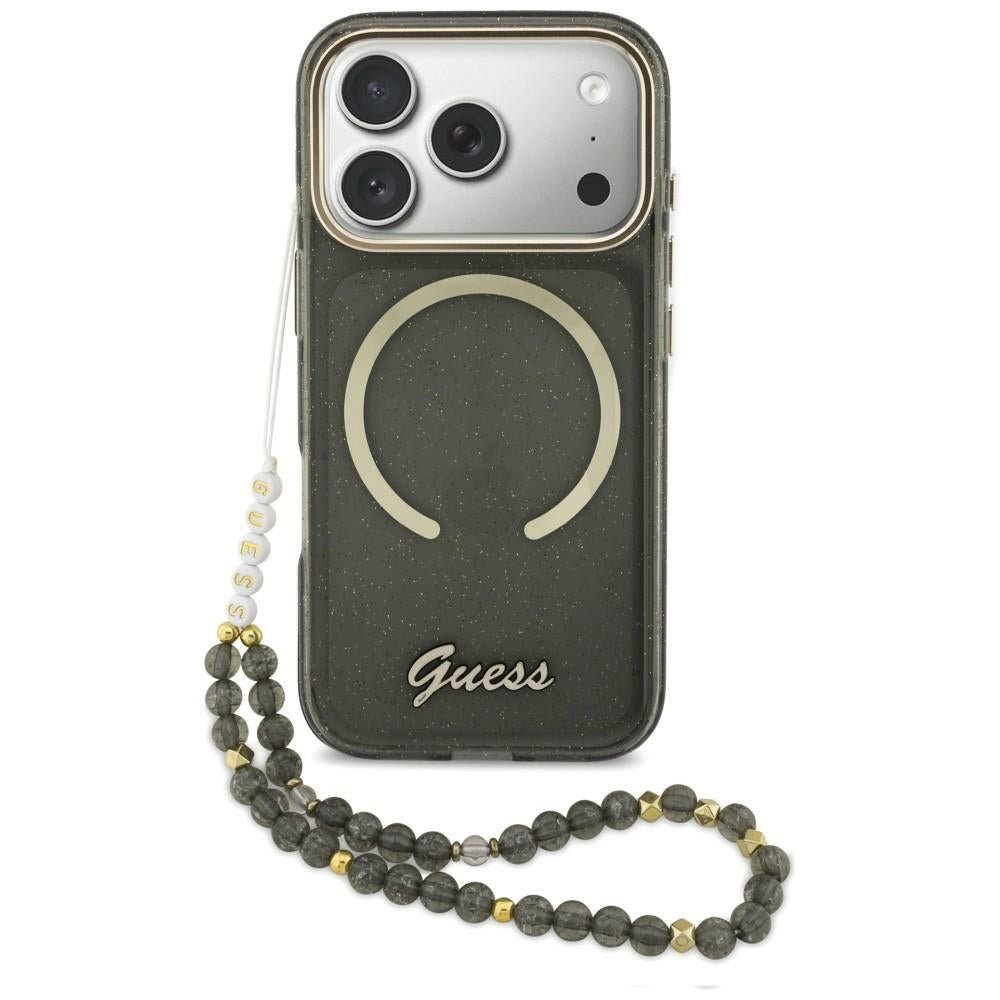 Guess iPhone 17 Pro - Σκληρή Θήκη με Πλαίσιο Σιλικόνης και Λουράκι - IML Glitters Script Strap MagSafe - Black