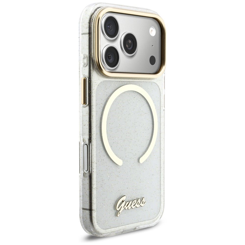 Guess iPhone 17 Pro - Σκληρή Θήκη με Πλαίσιο Σιλικόνης και Λουράκι - IML Glitters Script Strap MagSafe - Διάφανη
