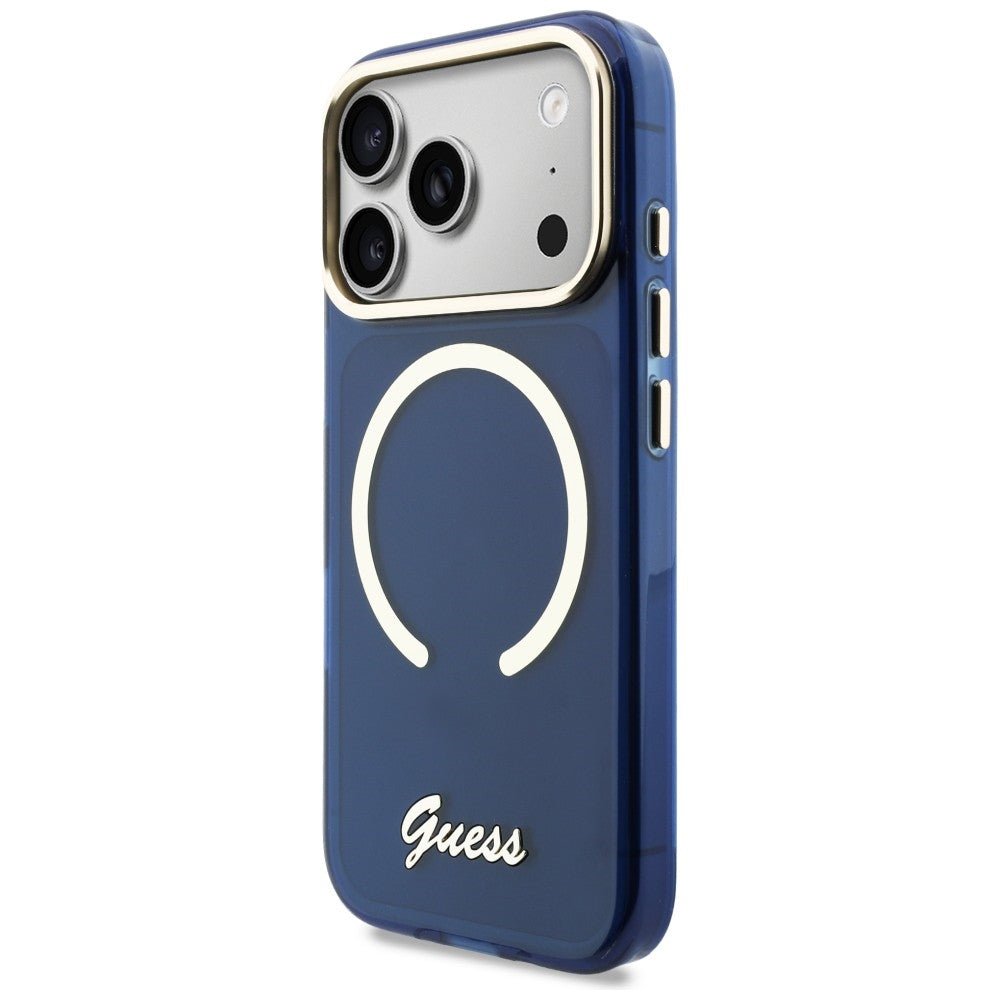 Guess iPhone 17 Pro - Σκληρή Θήκη με Πλαίσιο Σιλικόνης και MagSafe - IML Script Metal MagSafe - Blue