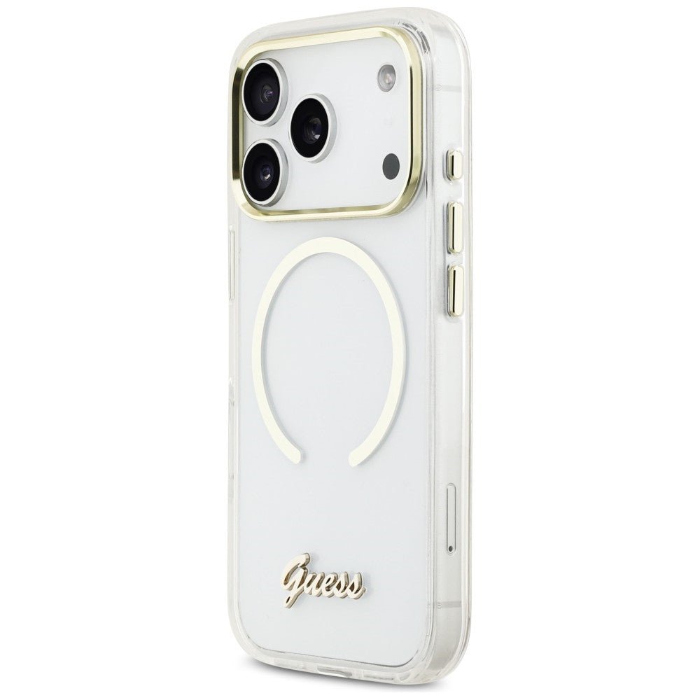 Guess iPhone 17 Pro - Σκληρή Θήκη με Πλαίσιο Σιλικόνης και MagSafe - IML Script Metal MagSafe - Clear