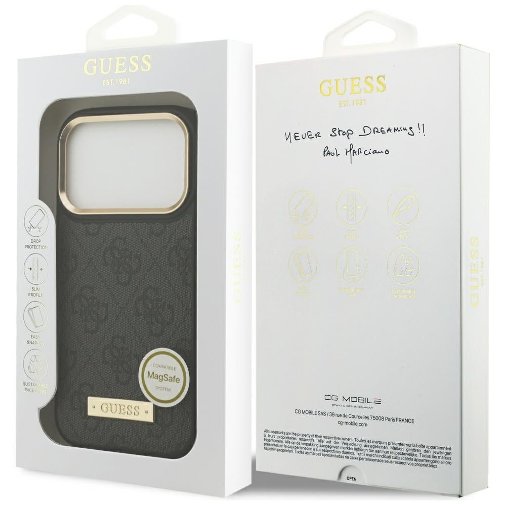 Guess iPhone 17 Pro - Θήκη με Επένδυση Συνθετικού Δέρματος και MagSafe - 4G Logo Plate - Black