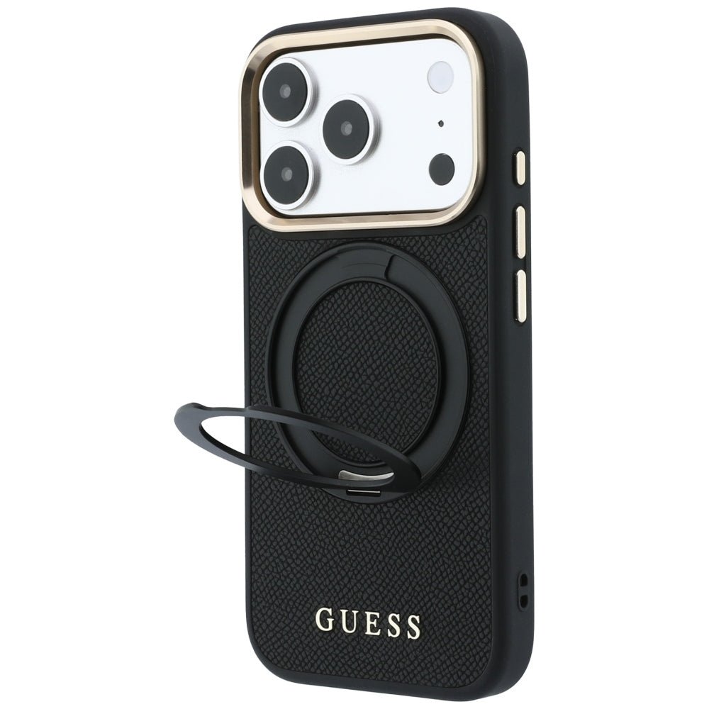 Guess iPhone 18 Pro / iPhone 17 Pro - Σκληρή Θήκη MagSafe με Επένδυση Συνθετικού Δέρματος - Ring Stand 360 Grained Classic Logo - Black
