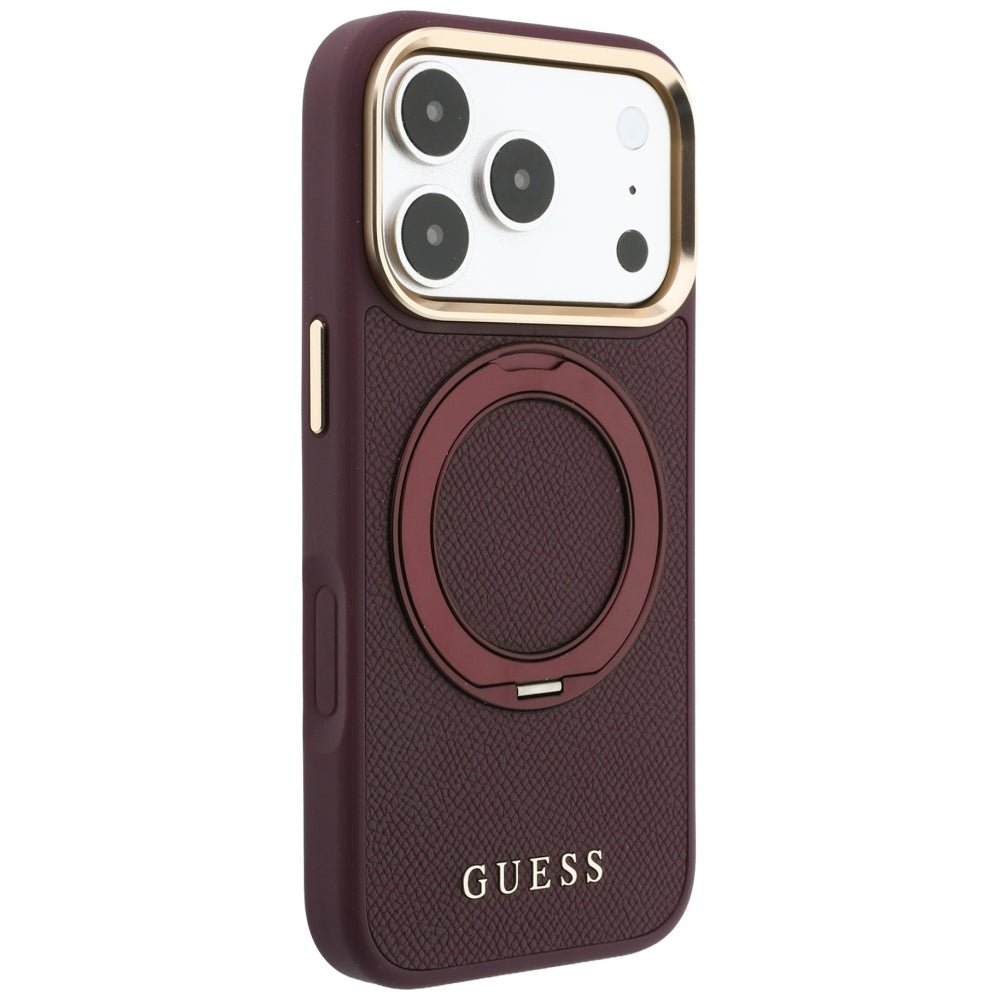 Guess iPhone 18 Pro / iPhone 17 Pro - Σκληρή Θήκη MagSafe με Επένδυση Συνθετικού Δέρματος - Ring Stand 360 Grained Classic Logo - Burgundy