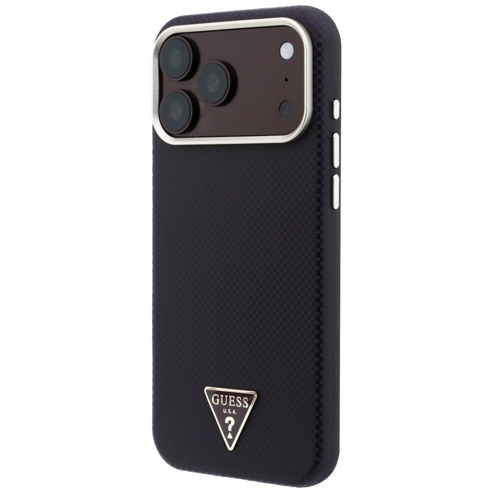 Guess iPhone 18 Pro / iPhone 17 Pro - Σκληρή Θήκη με Πλαίσιο Σιλικόνης και Επένδυση Συνθετικού Δέρματος MagSafe - Kevlar Triangle Logo - Burgundy